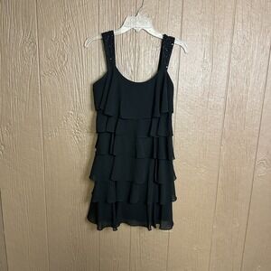 Jessica Howard Chiffon‎ Ruffled Tiered Layered Dress Black Gem Detail Formal 6P